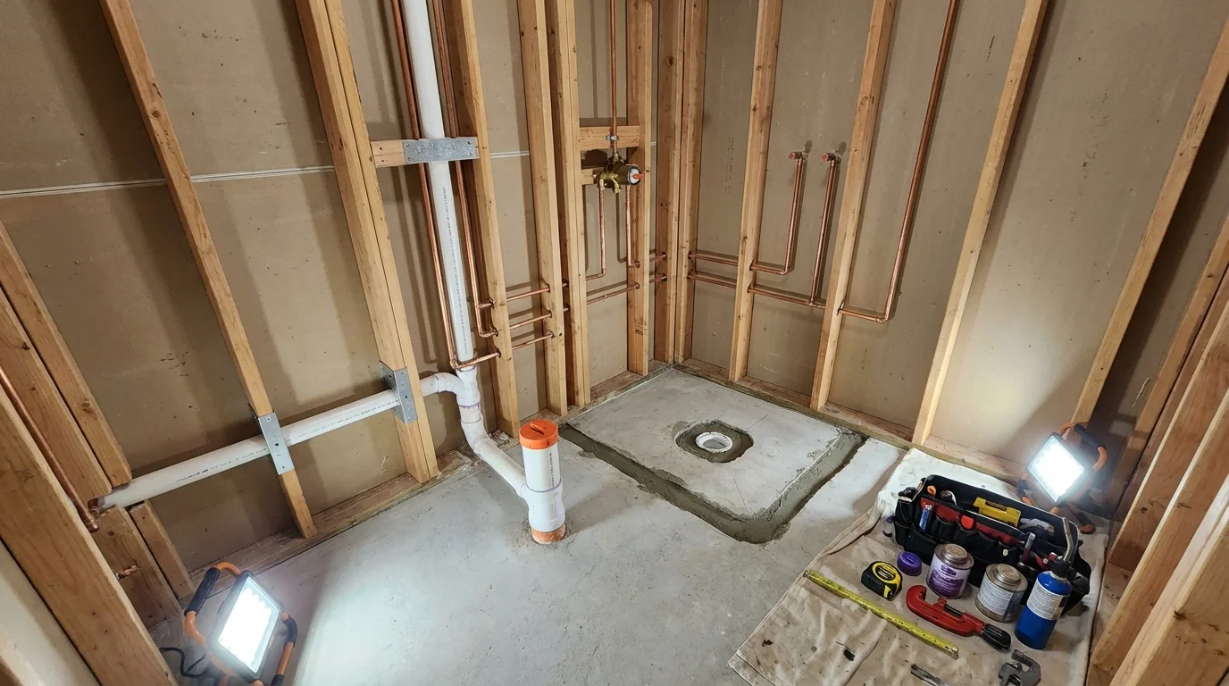 Bathroom rough-in plumbing during remodel by Johns Plumbing LLC in Gold Hill