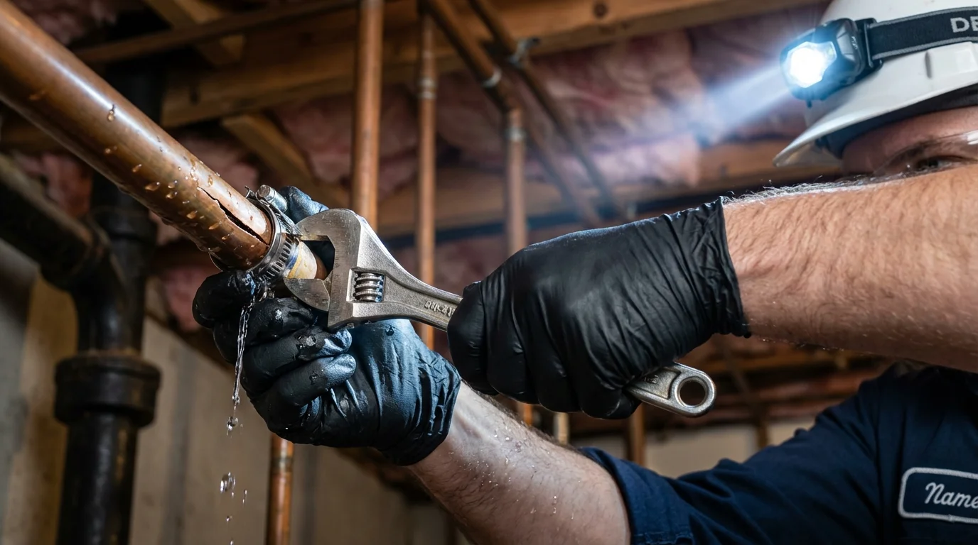 Emergency pipe clamp repair being performed by a Johns Plumbing LLC plumber in Gold Hill