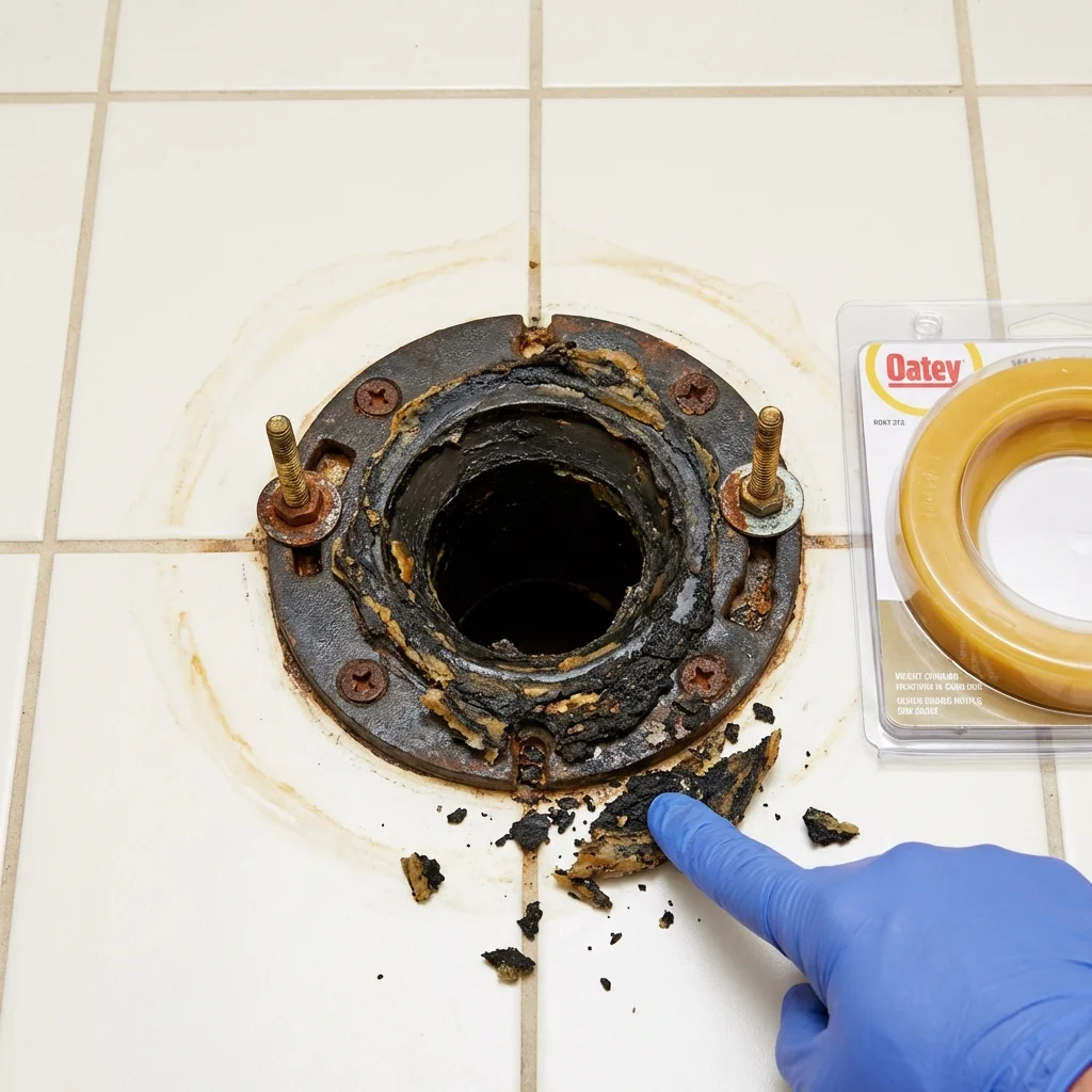 Failed wax ring showing water seepage at the base of a toilet in a Gold Hill, OR home