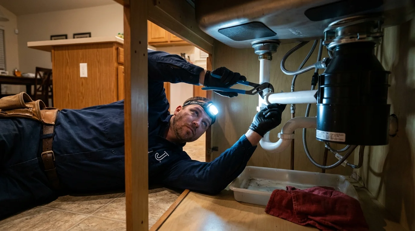 P-trap and supply line connections under a kitchen sink showing a common leak point in Gold Hill, OR